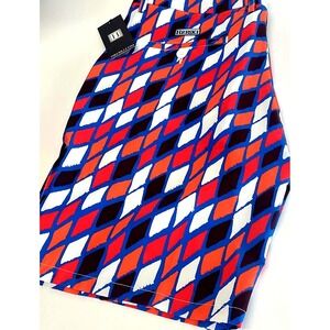 HRESKI Golf Shorts 38 NWTHarlequin Diamonds Red/Blue/Orange/White Stretch Waist